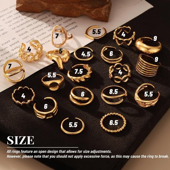 Chunky Gold Rings Set - 20 Stackable Rings in Adjustable Designs for Women - Picture 6 of 9